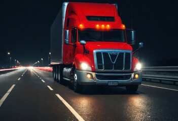 Big rig stylish industrial red semi truck with turned on headlights transporting cargo