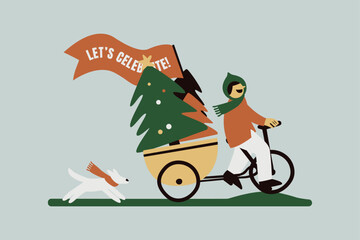 Man Riding A Bike Hauling A Large Pine Tree Vector Illustration