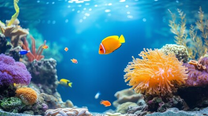 Fototapeta na wymiar Tropical Fish Aquarium on Blue Background