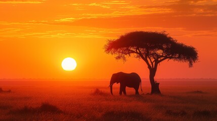 African Safari at Dawn with Wildlife on Orange Background