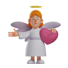 3D illustration. 3D Angel character has a purple heart. stretch one hand out to the side. with a closed eye expression. 3D Cartoon Character