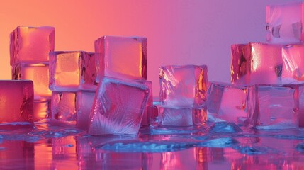Ice cubes are very close up in neon light. Holographic gradient from magenta to cyan