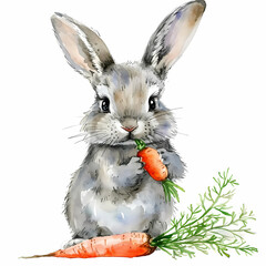 Easter rabbit and carrot, watercolor illustration.