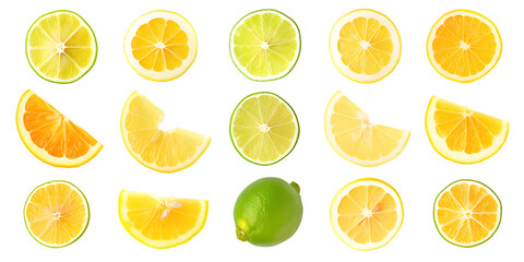 Top view of ripe slice texture of citrus fruit. Set lemon isolated on white or transparent background