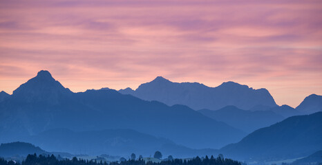 Mountains at sunset in Allgovia, Germany..