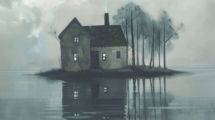 Fototapeta premium Illustration of a house standing on an island surrounded by trees in the evening. 