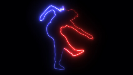 Glowing neon silhouettes of man yoga poses isolated on black background. Women practice meditation and stretching. Yoga complex. Healthy lifestyle concept