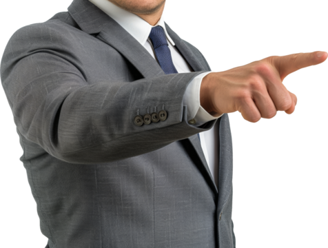 Professional executive in a grey suit pointing finger to the side, indicating direction or presenting something. - Powered by Adobe