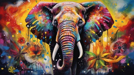 Vibrant elephant art: stunning colorful painting with abstract background - perfect for creative projects! | adobe stock - obrazy, fototapety, plakaty