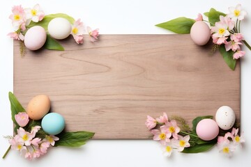 Naklejka na ściany i meble Empty wooden board with Easter details isolated on white background Generative Ai