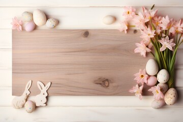 Fototapeta na wymiar Empty wooden board with Easter details isolated on white background Generative Ai