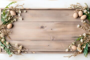 Empty wooden board with Easter details isolated on white background Generative Ai
