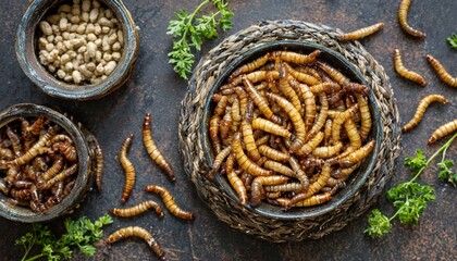 Close-up of edible mealworms - obrazy, fototapety, plakaty