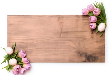Empty wooden board with Easter details isolated on white background Generative Ai