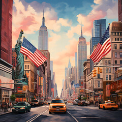 Iconic USA: Street Scene with Statue of Liberty - Urban Landmark in New York City