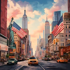 Photo sur Plexiglas Etats Unis Iconic USA: Street Scene with Statue of Liberty - Urban Landmark in New York City