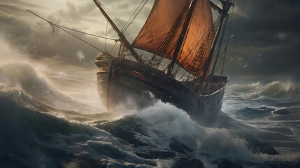Viking ship in stormy sea