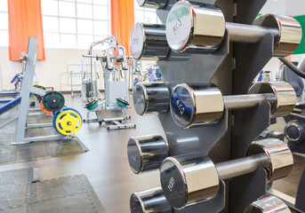 Chrome dumbbells rack in fitness club