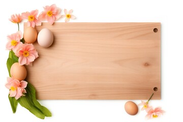 Naklejka na ściany i meble Empty wooden board with Easter details isolated on white background Generative Ai