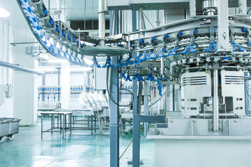 Equipment on chicken farm. Modern meat farm. Conveyor line, new equipment, nobody