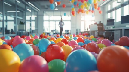 An employee stands at the doorway of office room filled with colorful balloons. April Fool's Day prank or birthday surprise. AI Generated - obrazy, fototapety, plakaty
