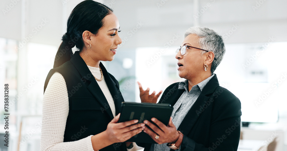 Poster business people, talking or women with a tablet, teamwork or cooperation with collaboration, budget 