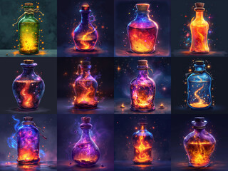 Collection of colorful bottles with magic potion in cosmic style