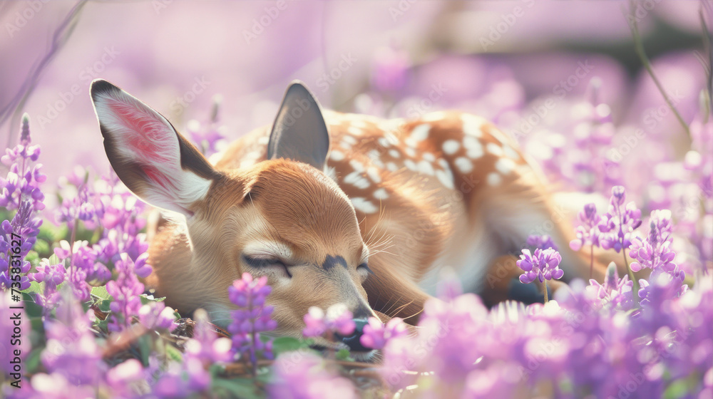 Wall mural Fawn sleeps in purple flowers
