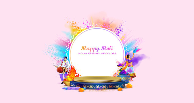 Holi festival website banner for Product promotion advertisement template design. 3d podium, product display studio pedestal stage with Happy Holi Indian festival of colors Text.