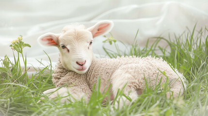 Fototapeta premium Cute lamb resting on the grass 