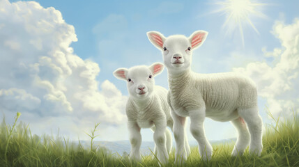 Obraz premium Two lambs stand on the grass against the blue sky. 