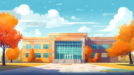 Colorful School Building Exterior Facade, Flat Design Style, Educational Institution Concept