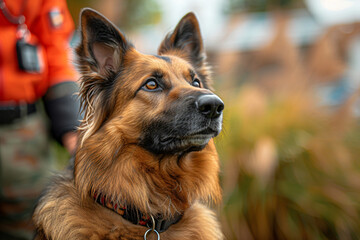 Attentive German Shepherd with owner on a blurred background. Pet care and companionship concept with focus on dog. Outdoor pet portrait for banner, social media