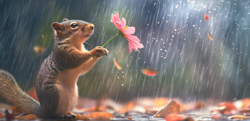 A squirrel with a flower in its paws stands in the rain
