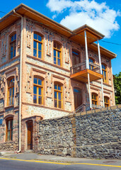 Brick houses on old streets of ancient Shaki city in Azerbaijan