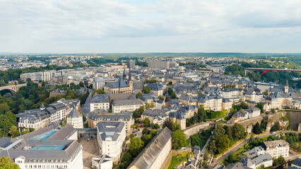 Luxembourg City, Luxembourg. Panoramic view of the historical part of Luxembourg city. The city is located in a deep valley of two rivers - Alzette and Petrus, Aerial View