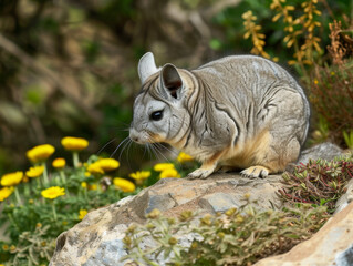Obraz premium Chinchilla with yellow dandelion wildflowers in spring.