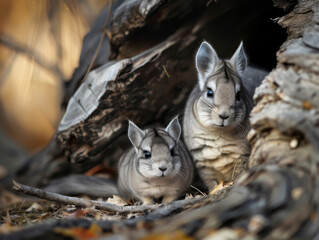 Chinchillas peeking from a hollow log in a warm, natural environment.