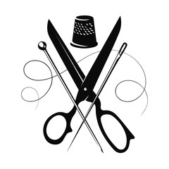 Scissors, thimble and needle and thread. Design for cutting and sewing - obrazy, fototapety, plakaty