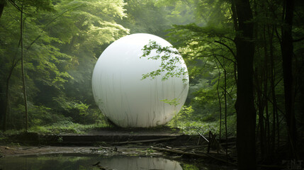 A large white ball floating in a forest filled with air 