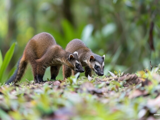 Obraz premium Close-up of curious coatis on the jungle ground.