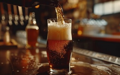 Beer is poured from dark brown bottle into beer glass. Close-up light fresh beer poured into glass. 