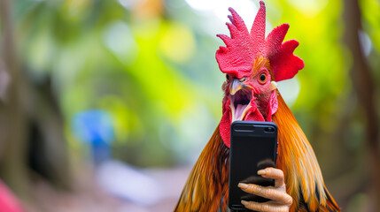 Surprised rooster holding a smartphone with a comical expression. - obrazy, fototapety, plakaty