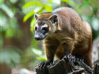 Fototapeta premium Close-up of curious coati on the jungle ground.