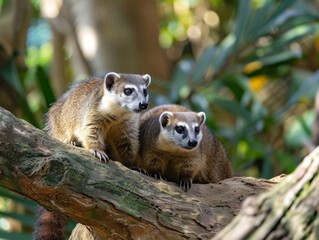 Obraz premium Two coatis on a tree branch, alert and observing their surroundings.