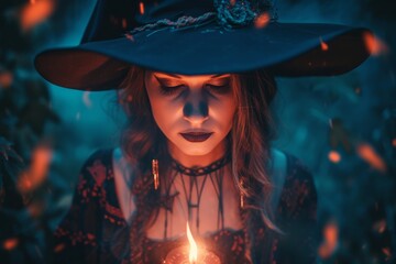 Mystical Witch Harnesses Halloween Magic, Weaving Enchantment On Dark Night - obrazy, fototapety, plakaty