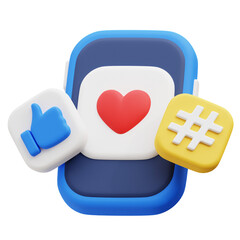 3D illustration of social media engagement icons, including a like, heart, and hashtag symbol