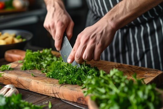 Masterful Chef Demonstrates Precision In Chopping Aromatic Parsley On Traditional Cutting Surface