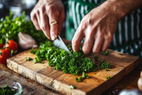 Masterful Chef Precisely Chops Aromatic Parsley On Traditional Wooden Cutting Board