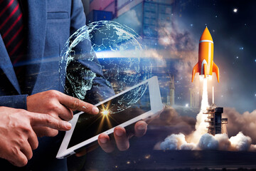 Businessman using digital tablet connect to global with space rocket taking off, night sky with milky way background